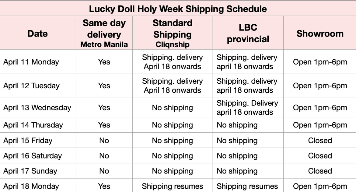 Lucky Doll Holy Week Shipping Schedule