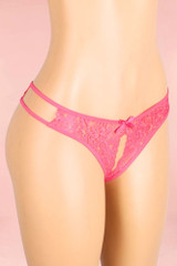 pink lace plus size crotchless panty  worn by a model front view 