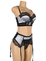 Maxine Plus Size Silver Black Bustier Bra Garter Lingerie Set