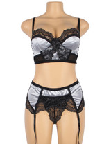 Maxine Plus Size Silver Black Bustier Bra Garter Lingerie Set