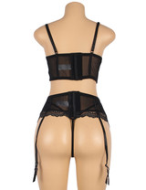 Maxine Silver Black Bustier Bra Garter Belt Lingerie Set