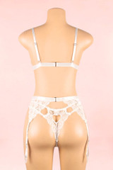 Lacie plus size white bridal bra  and panty garter belt lingerie set  actual product picture on a mannequin backview 