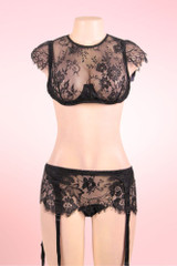 Dorian Black Floral Bralette Garter Belt Lingerie Set
