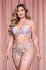 Indra Plus Size Floral Embroidered Sheer Bra thigh Garter Belt Set