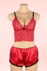 Amelia Plus Size Red Lace Satin Pajama Short Set