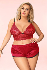 Amelia Plus Size Red Lace Satin Pajama Short Set