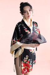 Aiko Black Satin Japanese Kimono Robe Lingerie