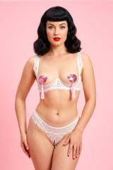 Tatiana White Lace Open Cup Shelf bra and crotchless thong set.