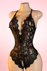 Olivia Black Slit Lace Crotchless Teddy