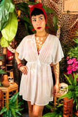 White Swiss Dot Sheer Tunic Kimono Swimsuit Coverup.
