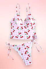 Varkala Cherry Pink Gingham Tankini Tie Side Bikini Two Piece Swimsuit