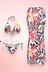 Makena Zebra Print 3 Piece Swimsuit with Long Sarong Skirt.