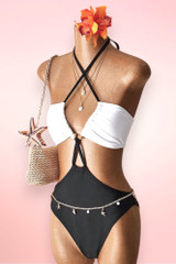 Hanalei White Black Halter One Piece Swimsuit