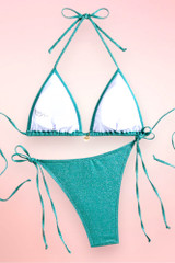 Teal Blue Glitter Triangle Two Piece Swimsuit Tie Side Bikini