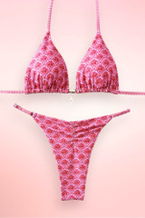 Pink Scallop Lace Print Two Piece Swimsuit Brazilian Bikini.