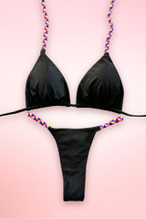Braided Strap Black Neon Two Piece Thong Swimsuit.