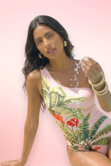 Melides Pink Tropical Print One Shoulder One Piece Swimsuit