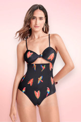 Parrot Print Black One Piece Swimsuit.