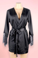 Gwynette Black Satin Lace Robe Lingerie