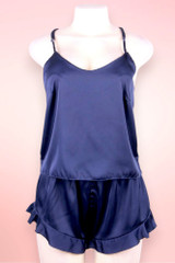Navy Satin Camisole and Ruffle Shorts Set.