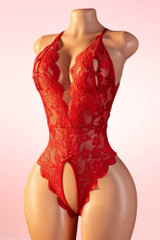 Olivia Red Slit Lace Crotchless Teddy