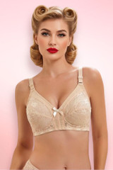 Nude vintage lace bra with satin bow detail, plus size full coverage bra with adjustable straps for curvy women