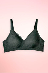 black seamless ribbed wireless bra, back view showing wide hook and eye closure and adjustable shoulder straps.