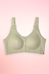 Sage seamless ribbed wireless bra, back view showing wide adjustable shoulder straps and smooth seamless ribbed band. 