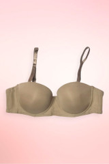 Mocha seamless strapless push-up bra with detachable straps.