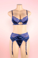 Girona Blue Satin Plus Size Bra Garter Lingerie Set