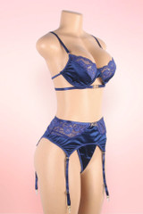 Girona Blue Satin Plus Size Bra Garter Lingerie Set