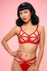Vina Red Open Cup Rhinestone Bra and Strappy Thong Set.