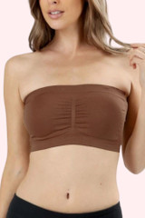 Brown Tube Bra padded bandeau top  worn by a model front view 