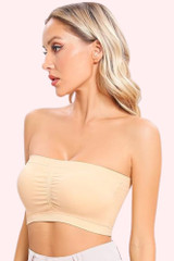 Beige Tube Bra padded bandeau top  worn by a model front view 
