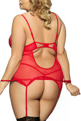 Red Marla Lace up Lace Garter Camisole Thong Set Plus Size