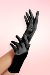 Smooth glossy black satin finish, elegant cocktail and costume styling..