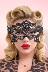 Lace Eye mask  worn by a pin-up girl with red lips.