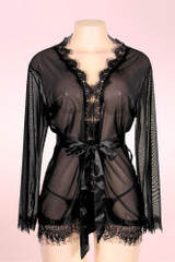 Carol Black Robe Sheer Eyelash Lace Trimmed Kimono Night Dressing Gown  actual product picture on a mannequin front view 