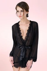 Carol Black Robe Sheer Eyelash Lace Trimmed Kimono Night Dressing Gown  worn by a model front view 