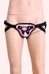 Adjustable Harness Strap for Strap-on dildos in black laid flat worn by a mannequin