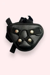 Adjustable Harness Strap for Strap-on dildos in black laid flat close up