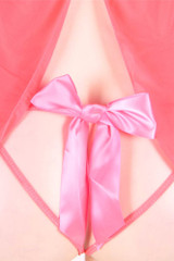 Coraline Coral Pink CUpless open Cup Empire Waist Halter Babydoll with pink satin bow accent and a matching crotchless g string thong panty  actual product picture on a mannequin front view 