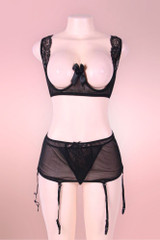 Betty Retro Black Shelf Cupless Bra High Waist Girdle Garter Belt