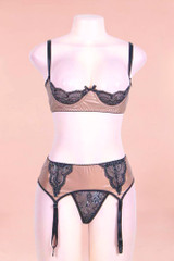 Belle Faux Leather Gold Cupless Shelf Bra Garter Belt Thong Set