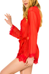 Carol Red Sheer Lace Kimono Lingerie