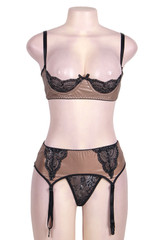 Belle Faux Leather Gold Cupless Shelf Bra Garter Belt Thong Set Plus Size