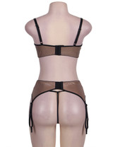 Belle Faux Leather Gold Cupless Shelf Bra Garter Belt Thong Set Plus Size