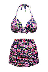 Retro Floral Print Tiki Halter  Two Piece High Waisted Swimsuit  actual product picture on a mannequin front view 