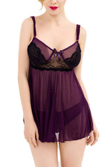 Cresilda Purple Sheer Babydoll with Black Lace Overlay