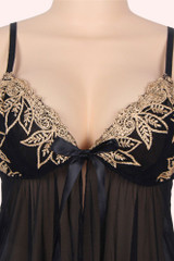 Lucia Black Open Front Babydoll with Gold Embroidered Lace Cups actual product picture upclose
